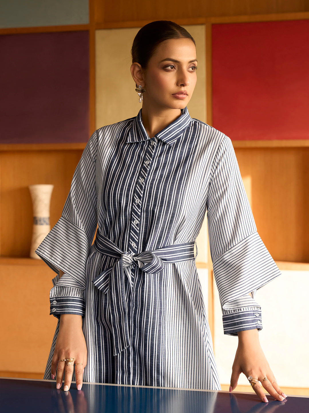 Blue & White Striped Belted Shirt Dress