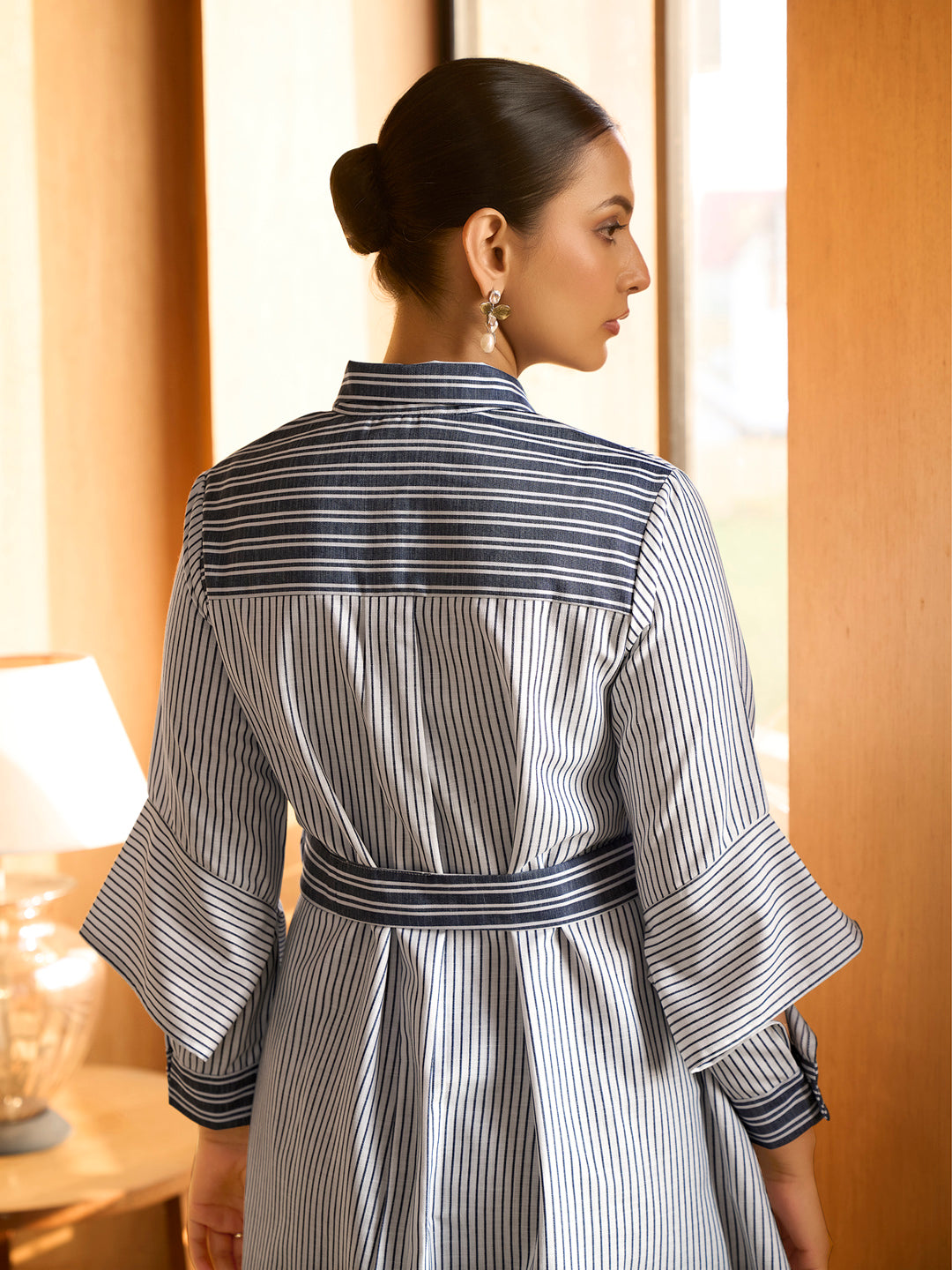 Blue & White Striped Belted Shirt Dress