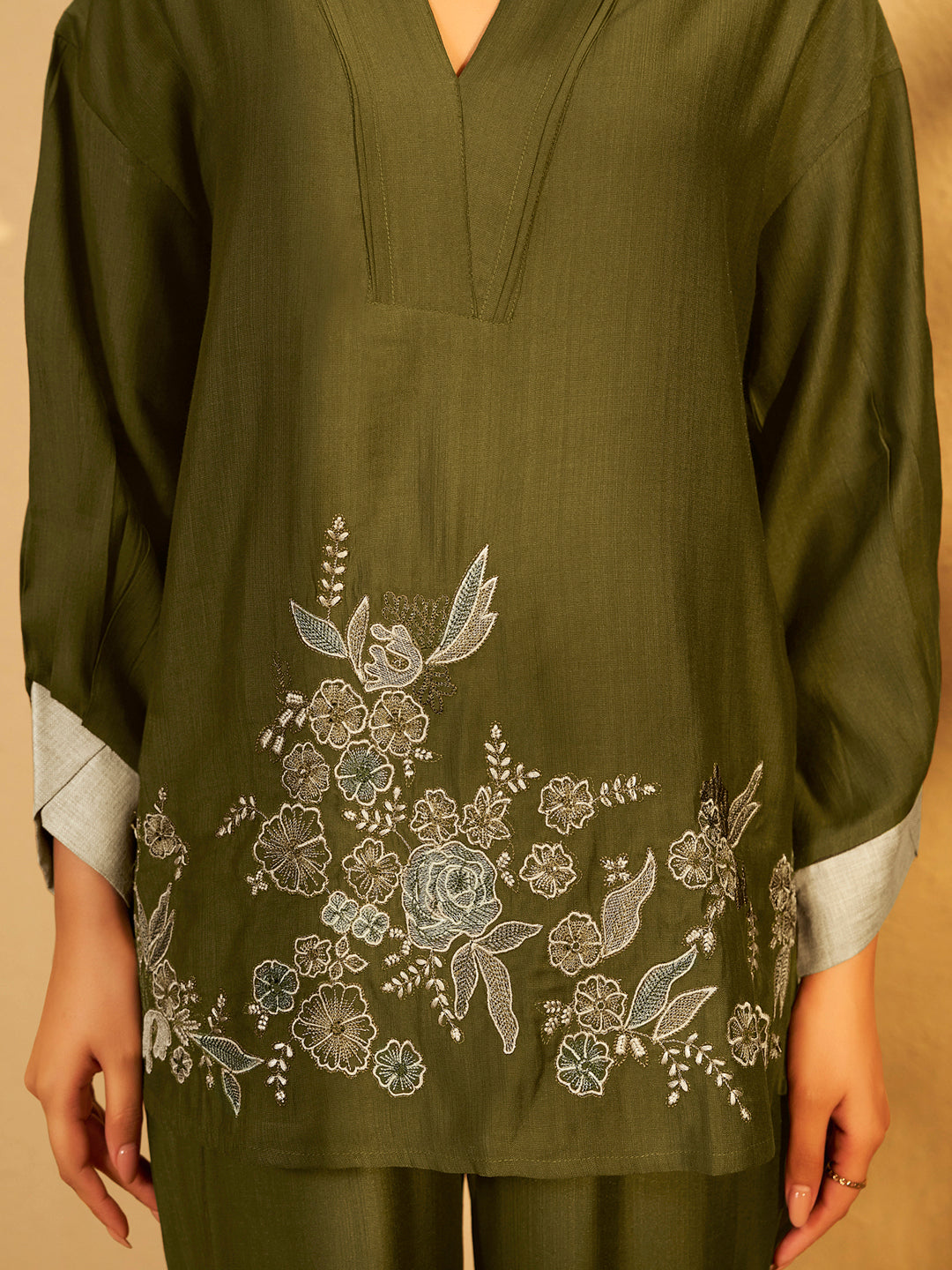 Olive Bloom Embroidered Cotton Co-ord Set