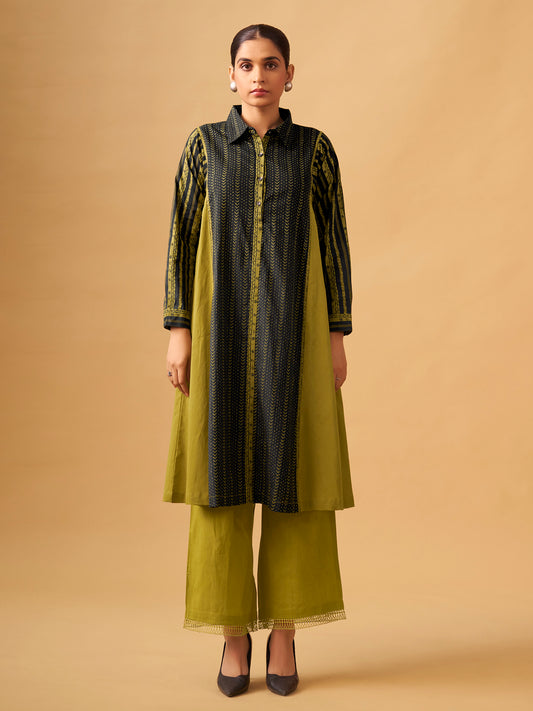 Elegant Mustard & Olive Printed Cambric Kurta Set with Modern Silhouette