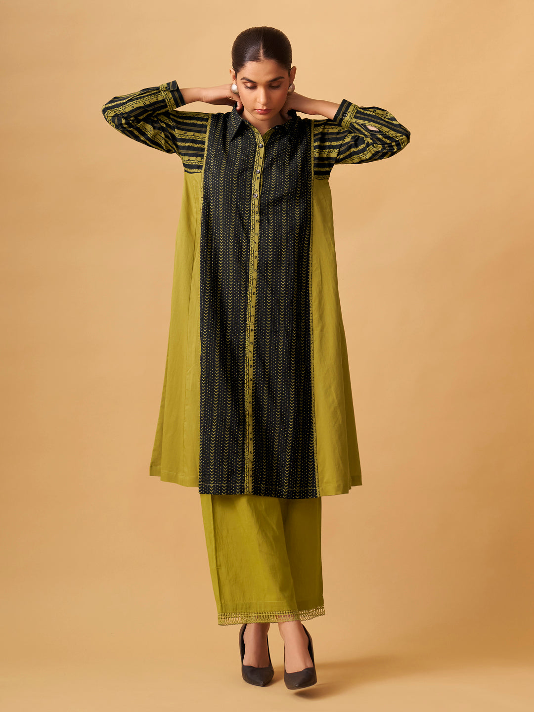 Elegant Mustard & Olive Printed Cambric Kurta Set with Modern Silhouette
