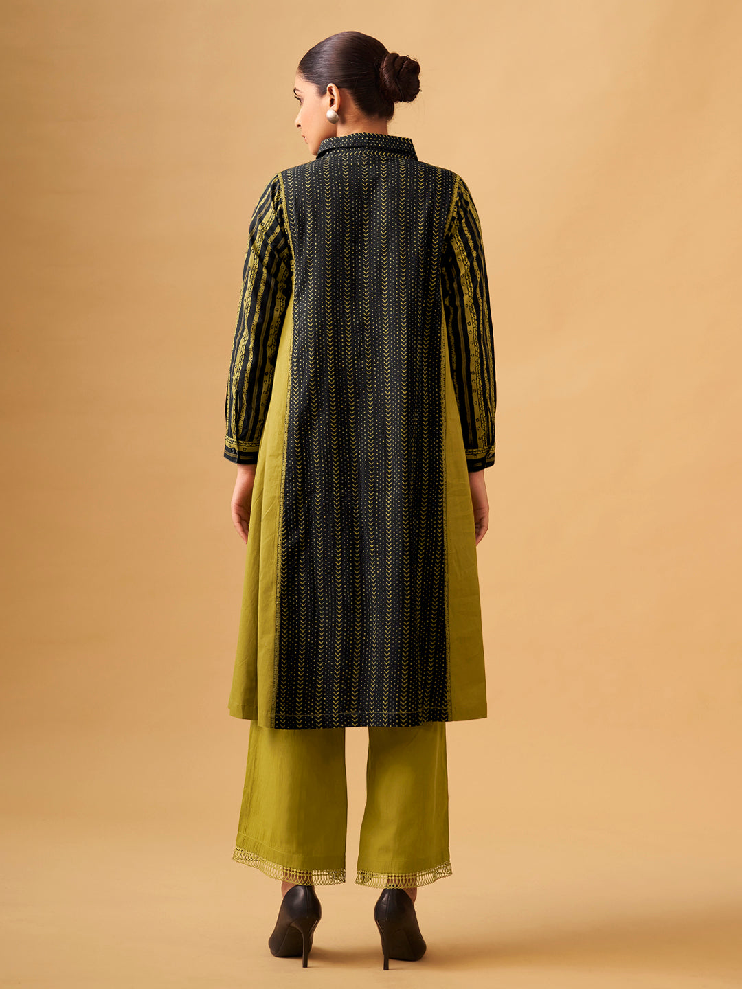 Elegant Mustard & Olive Printed Cambric Kurta Set with Modern Silhouette