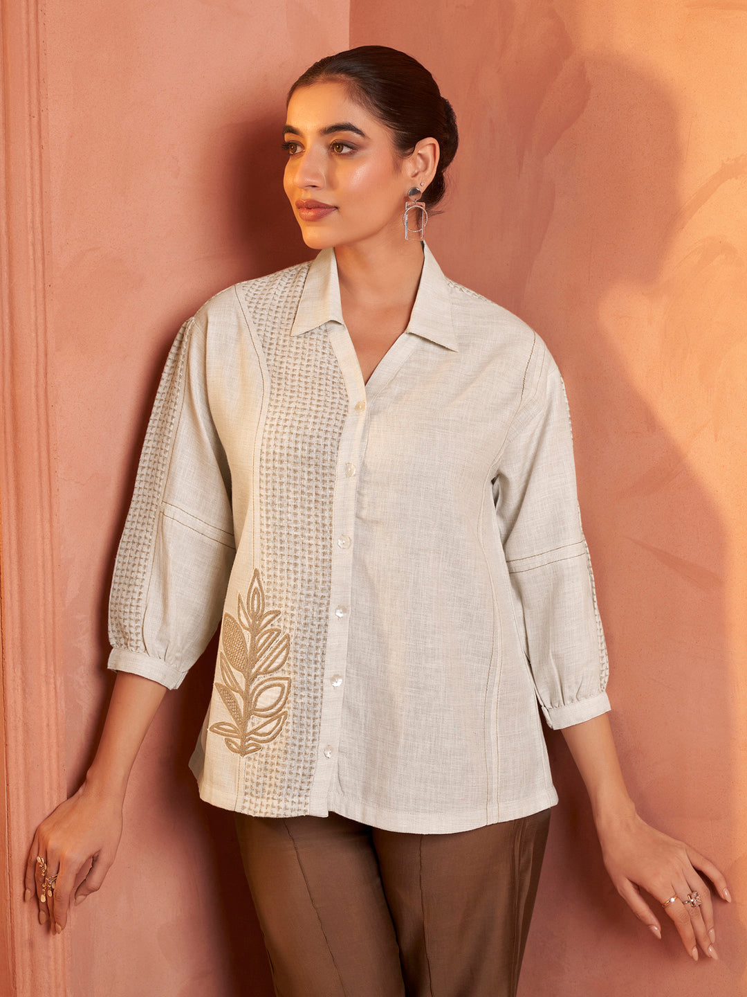Beige Textured Embroidered Shirt