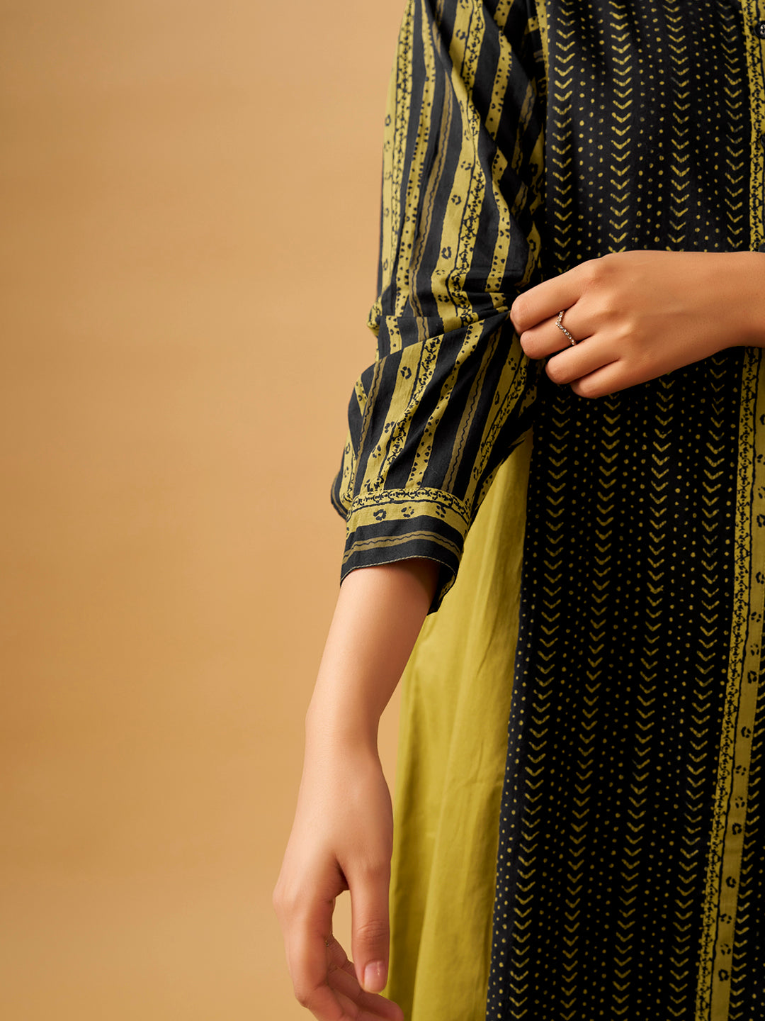 Elegant Mustard & Olive Printed Cambric Kurta Set with Modern Silhouette