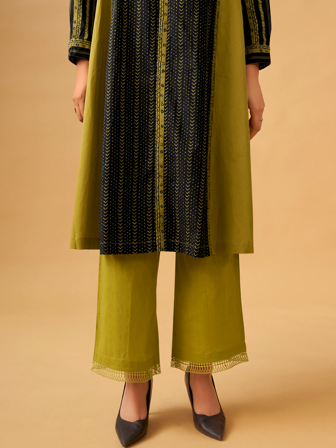 Elegant Mustard & Olive Printed Cambric Kurta Set with Modern Silhouette