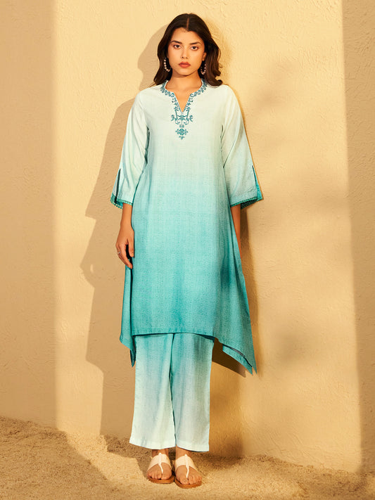 Aqua Blue Ombre Embroidered Kurta Set