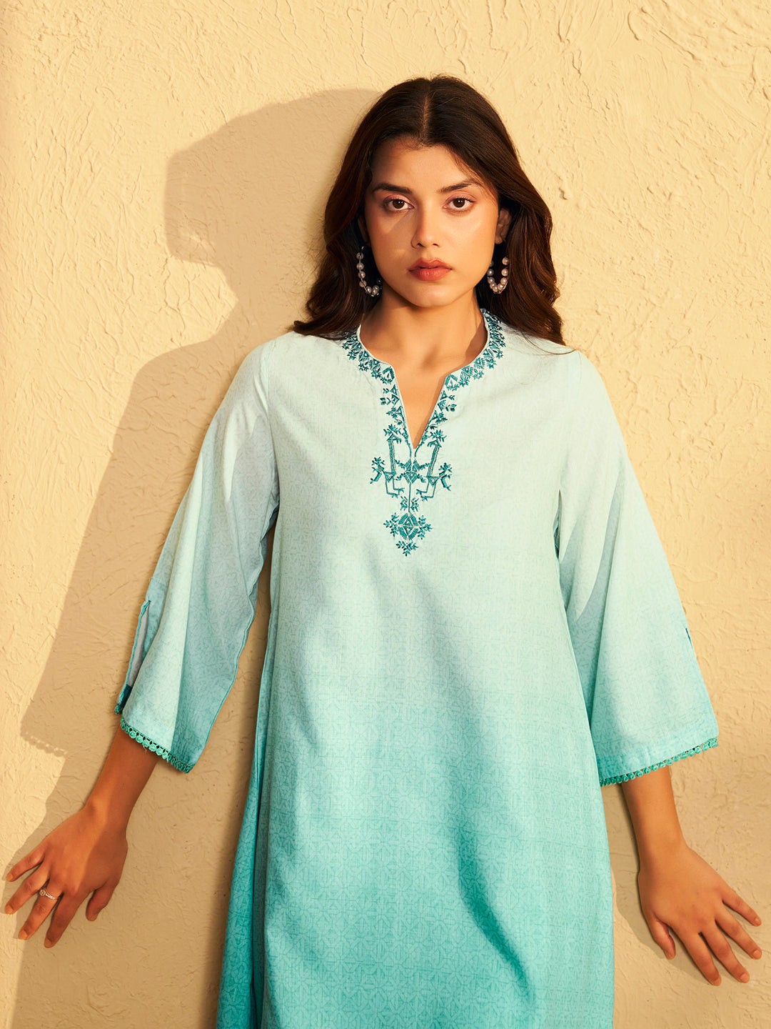 Aqua Blue Ombre Embroidered Kurta Set
