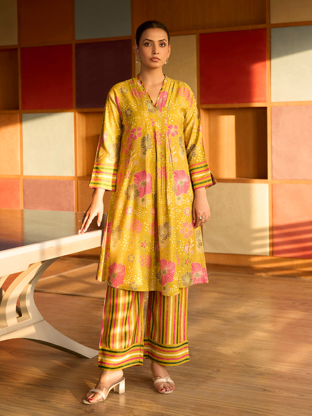 Yellow Floral Printed Cotton Kurta Set