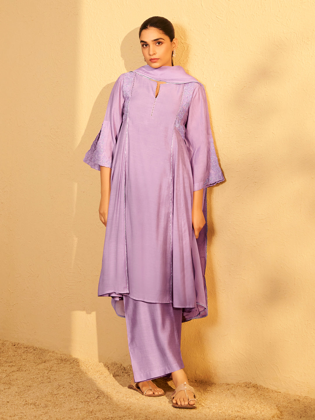 Pastel Lilac Embroidered Chanderi Suit Set With Dupatta