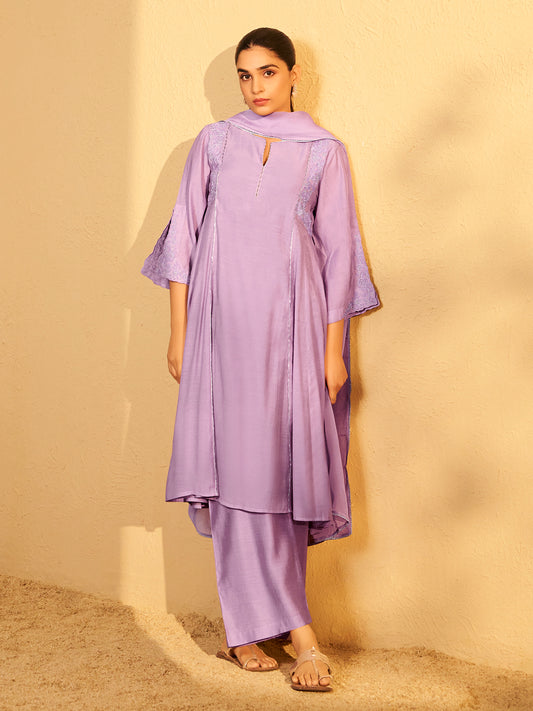 Pastel Lilac Embroidered Chanderi Suit Set With Dupatta