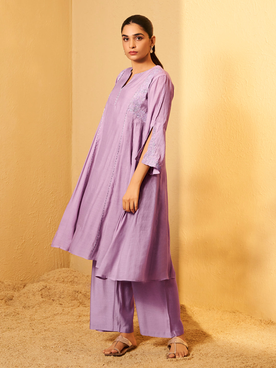 Pastel Lilac Embroidered Chanderi Suit Set With Dupatta