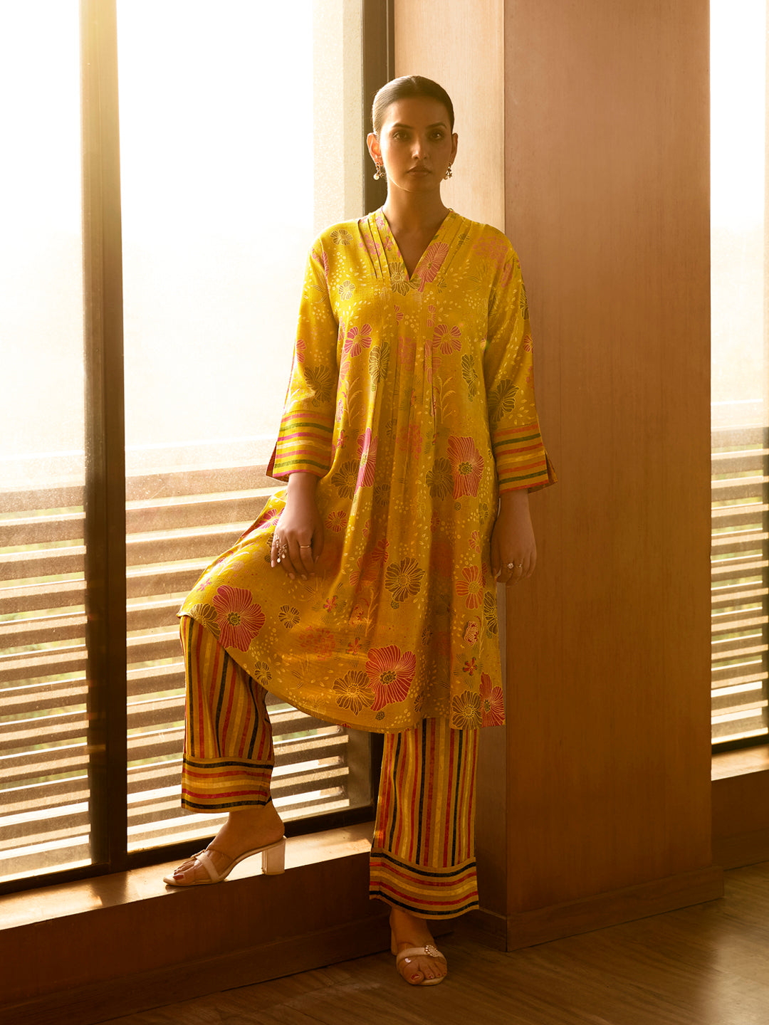 Yellow Floral Printed Cotton Kurta Set