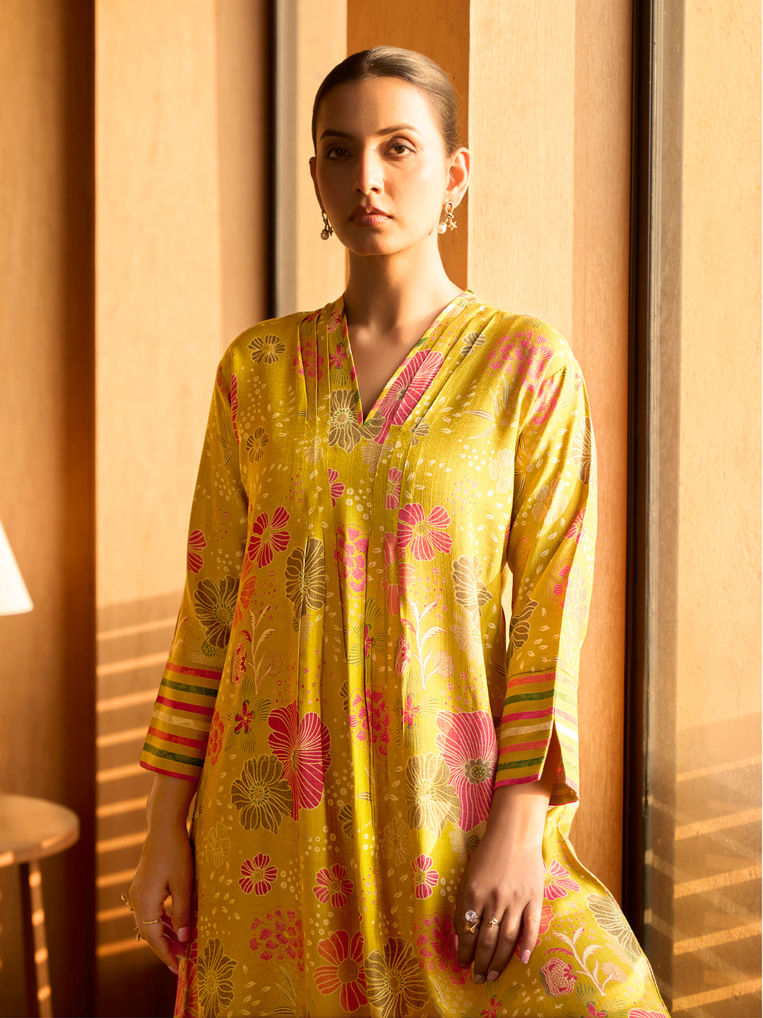 Yellow Floral Printed Cotton Kurta Set