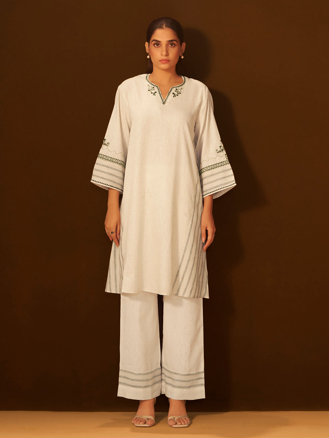 White and Green Embroidered Cotton Kurta Set