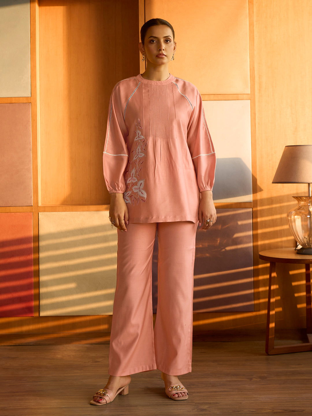 Peach Floral Embroidered Satin Co-ord Set