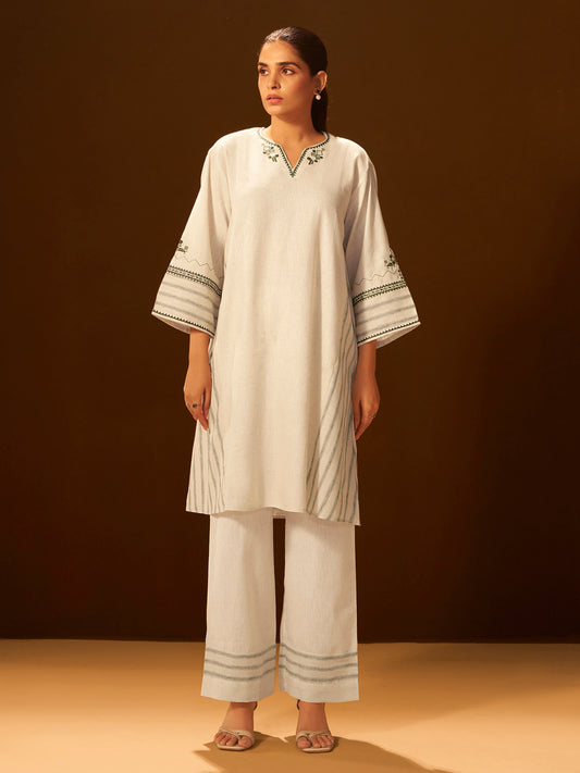 White and Green Embroidered Cotton Kurta Set