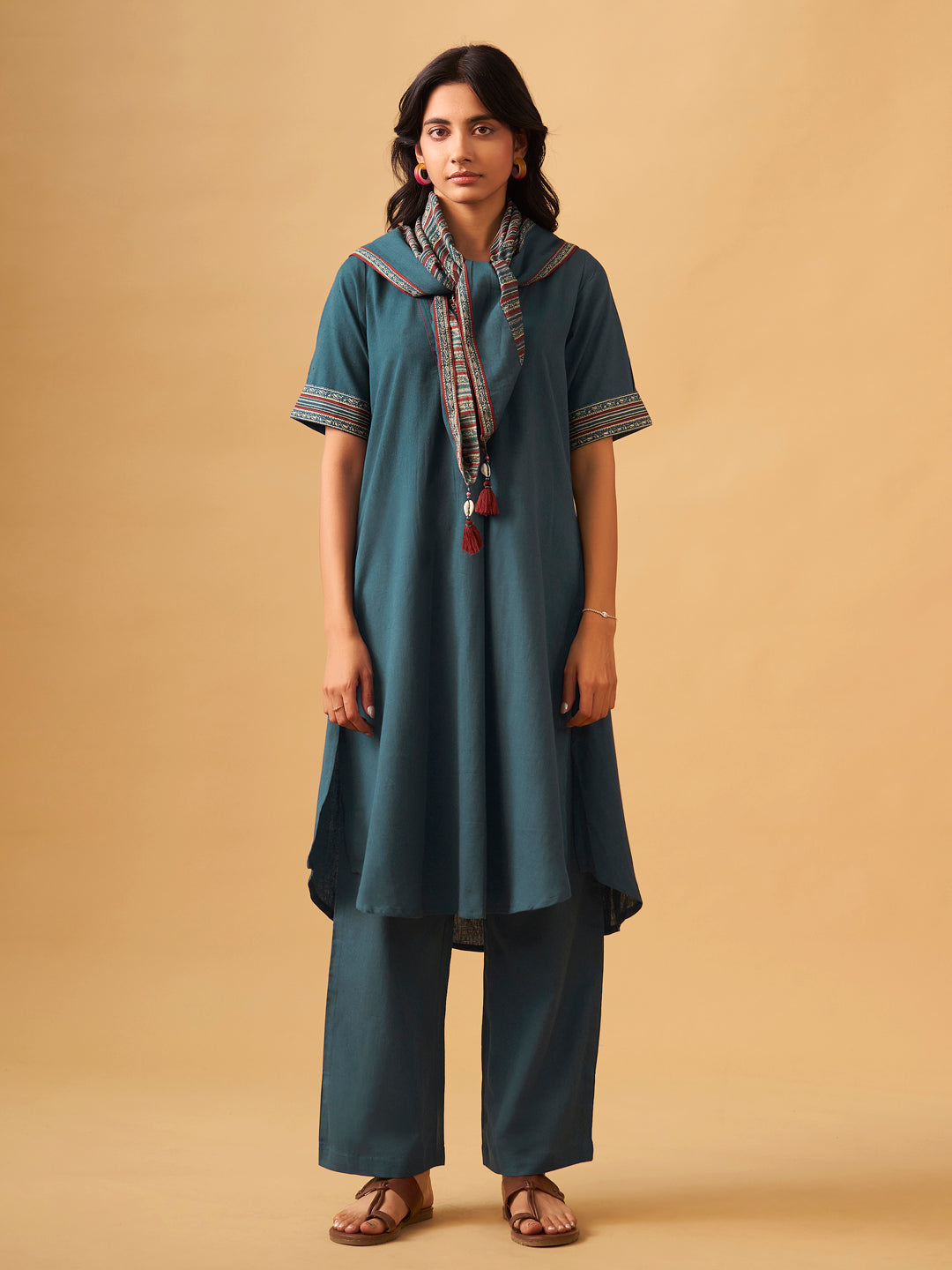 Textured Cotton Kurta Set with Matching Scarf
