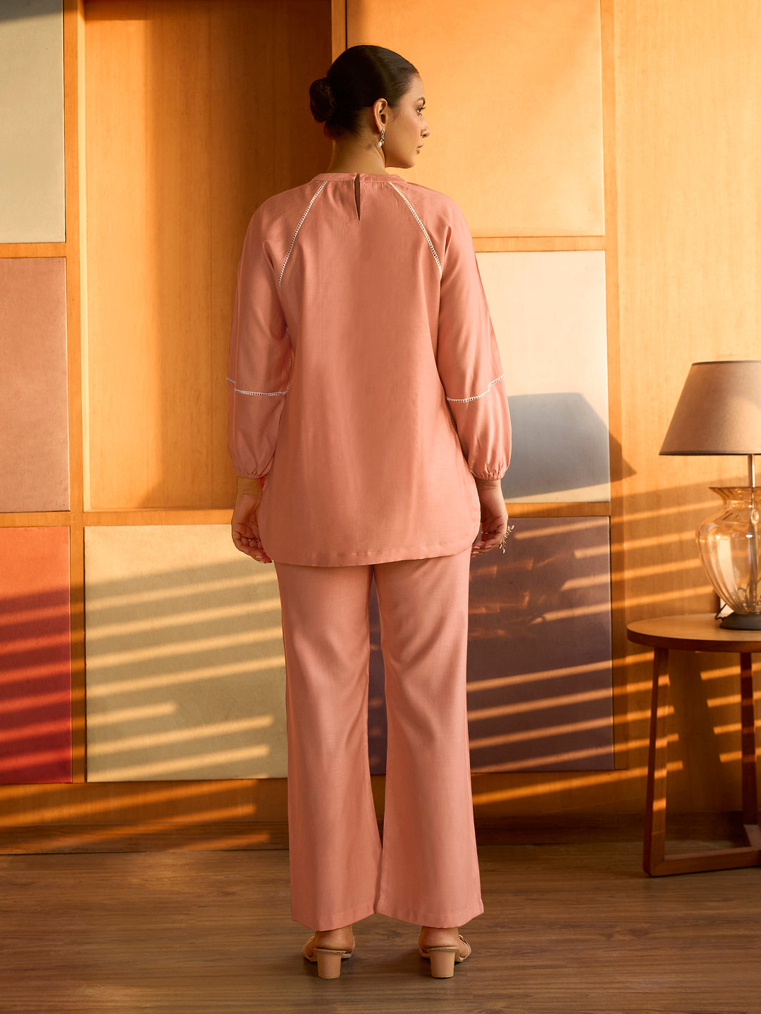 Peach Floral Embroidered Satin Co-ord Set