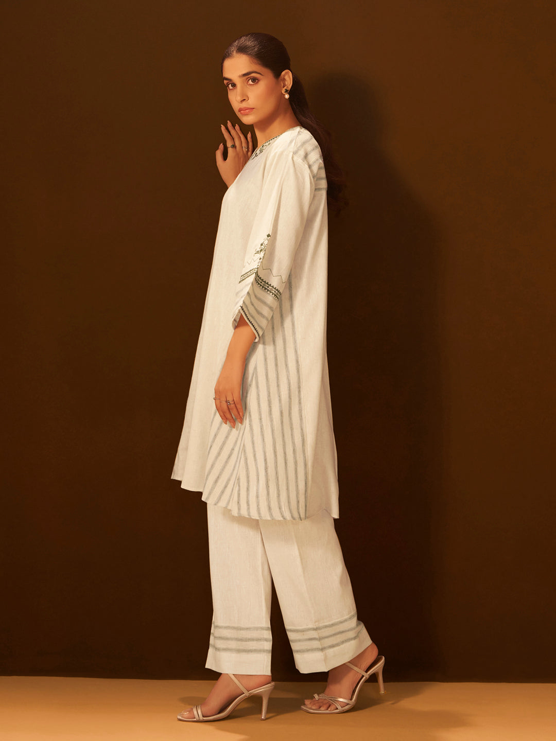 White and Green Embroidered Cotton Kurta Set