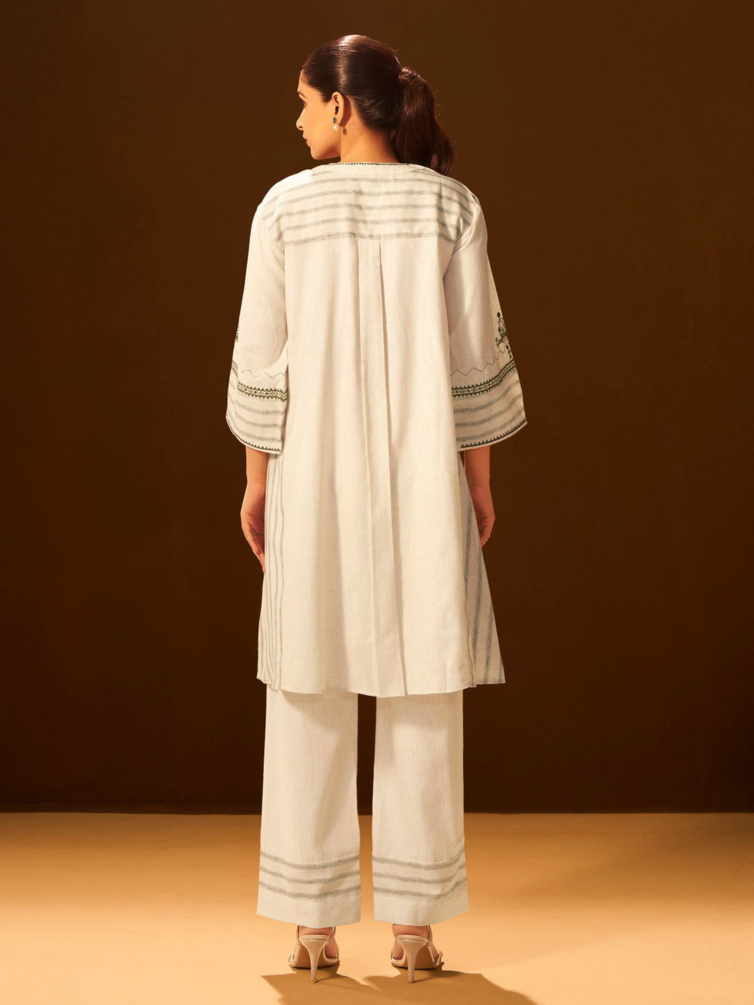 White and Green Embroidered Cotton Kurta Set