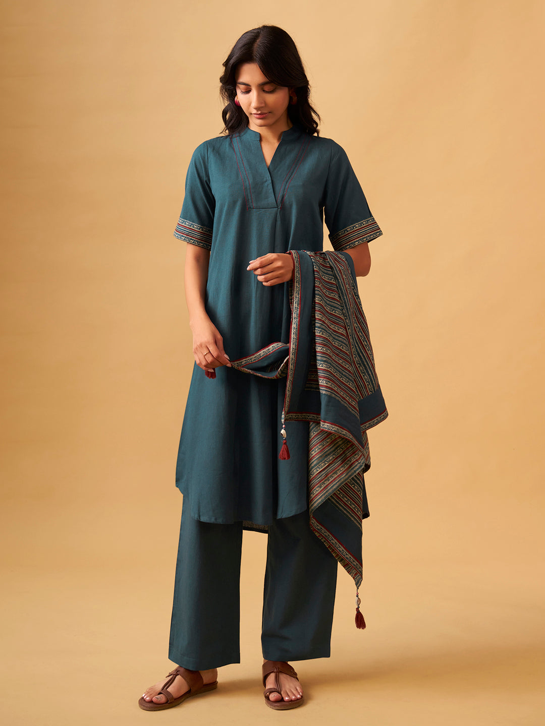 Textured Cotton Kurta Set with Matching Scarf