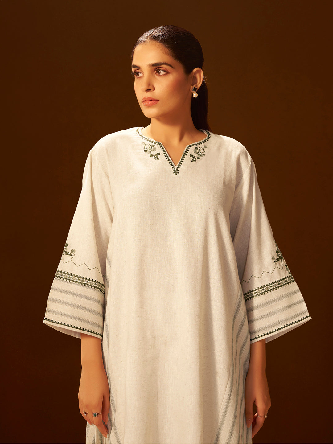 White and Green Embroidered Cotton Kurta Set