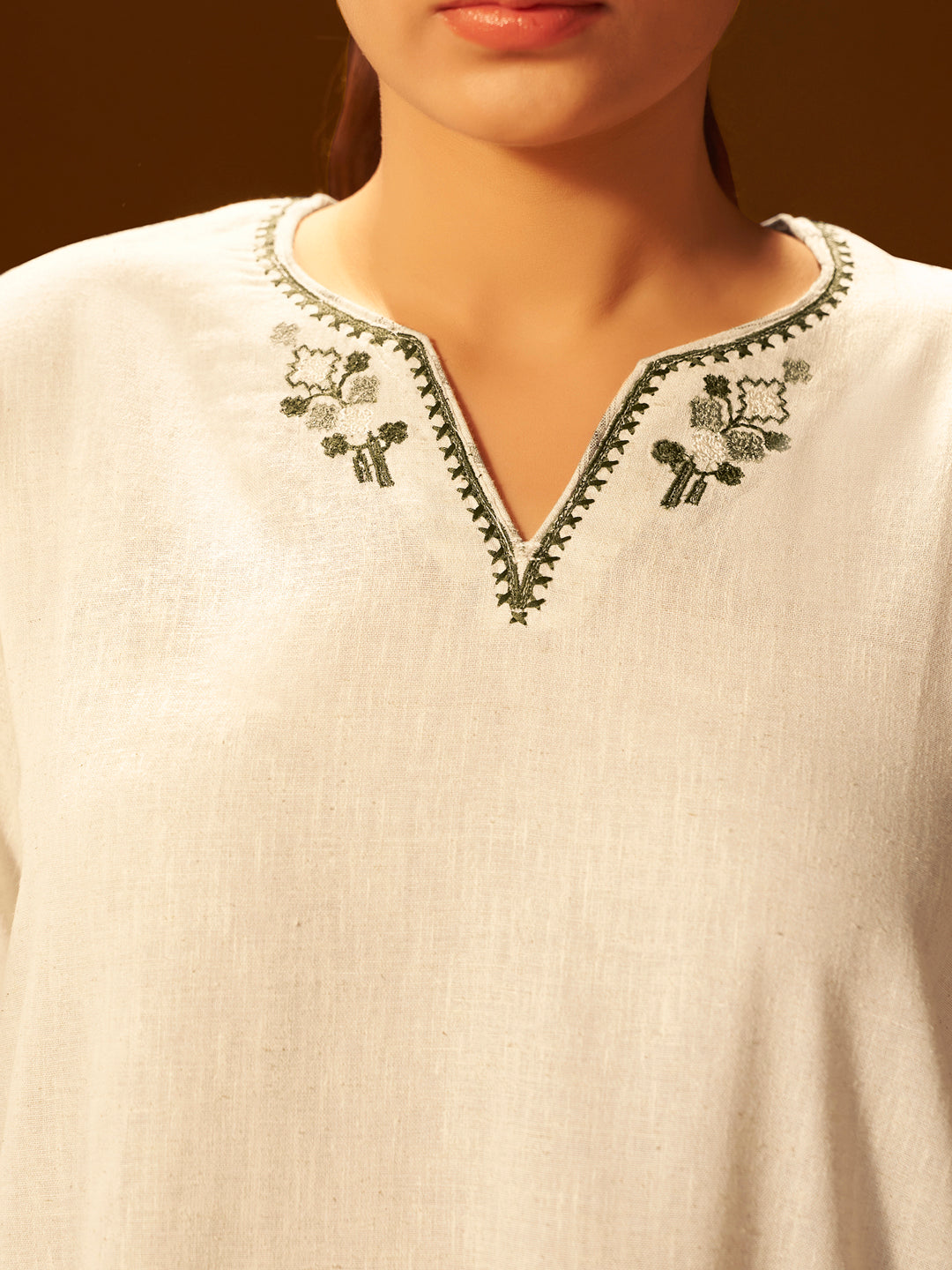 White and Green Embroidered Cotton Kurta Set