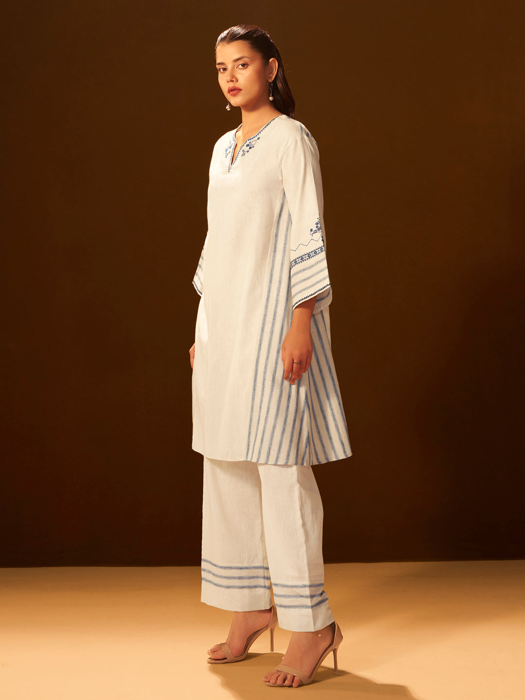 White and Blue Embroidered Cotton Kurta Set