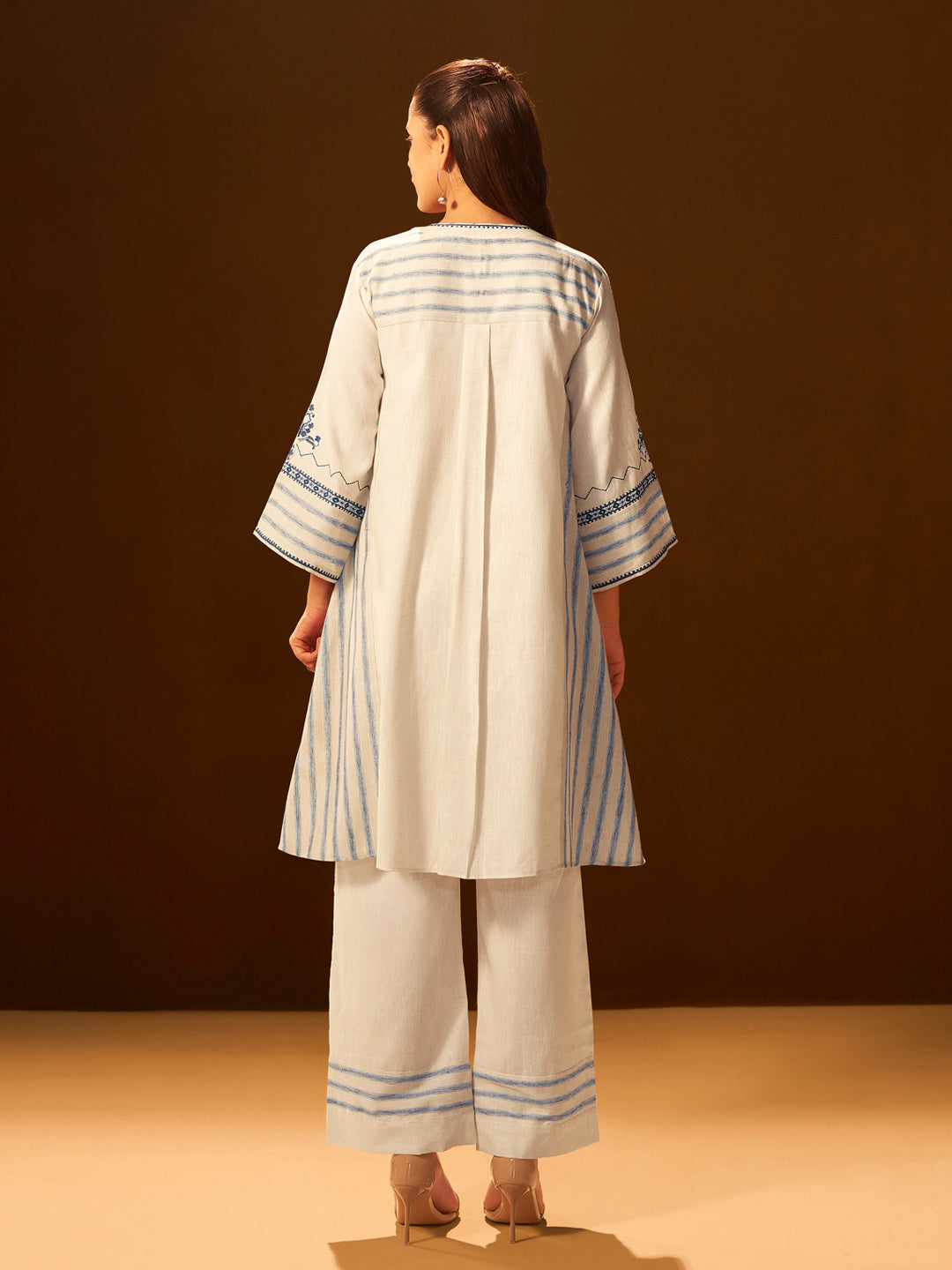 White and Blue Embroidered Cotton Kurta Set