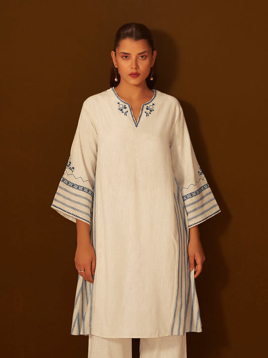 White and Blue Embroidered Cotton Kurta Set