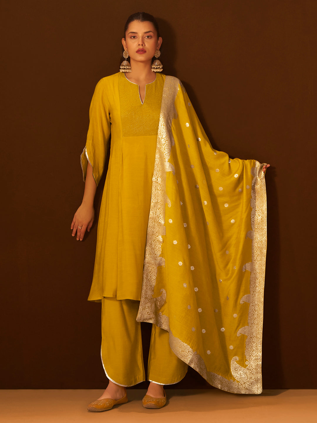Mustard Chanderi Silk Suit Set with Banarasi Dupatta