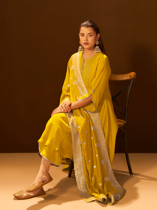 Mustard Chanderi Silk Suit Set with Banarasi Dupatta