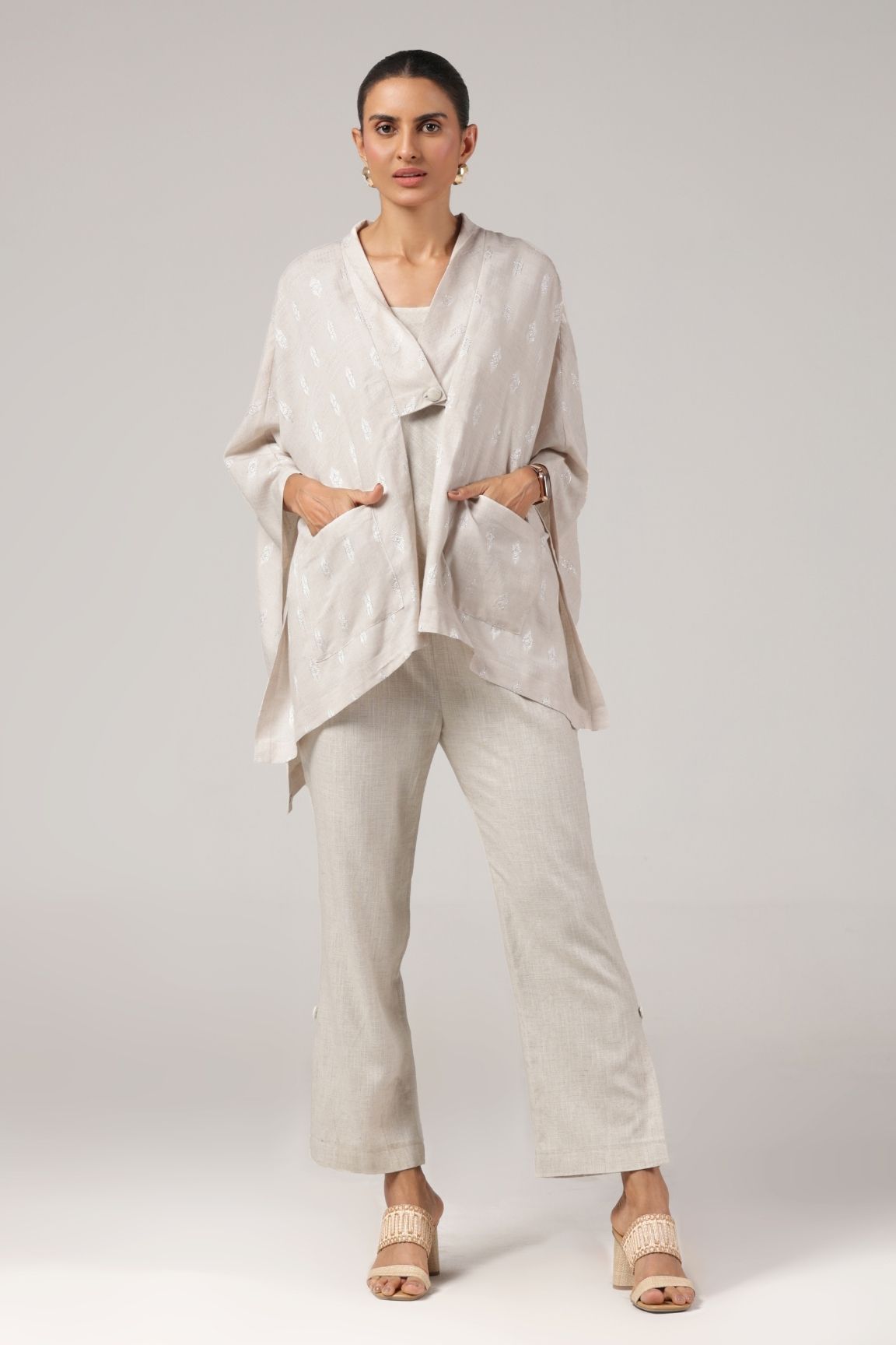 Off-White Textured Drape Overlay Cotton Blazer Set