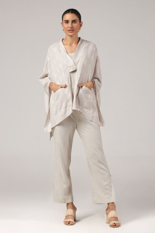 Off-White Textured Drape Overlay Cotton Blazer Set