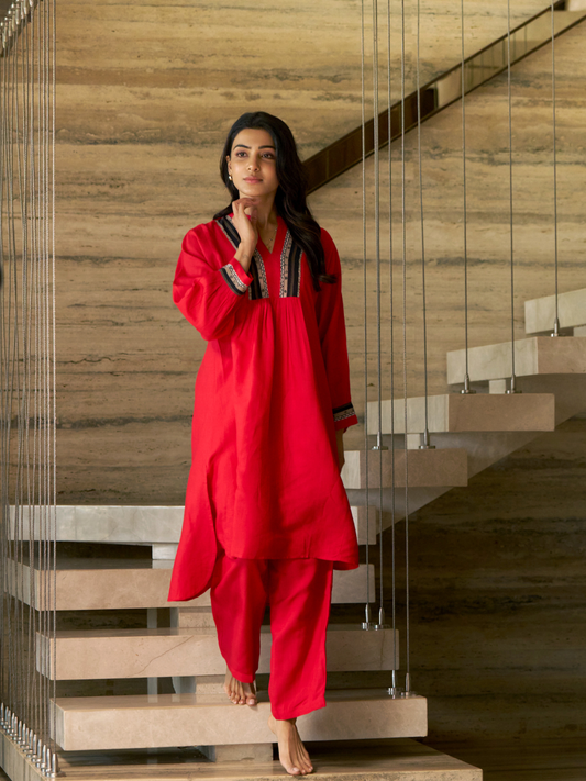 Bold Red Rayon Slub Contemporary Kurta Set