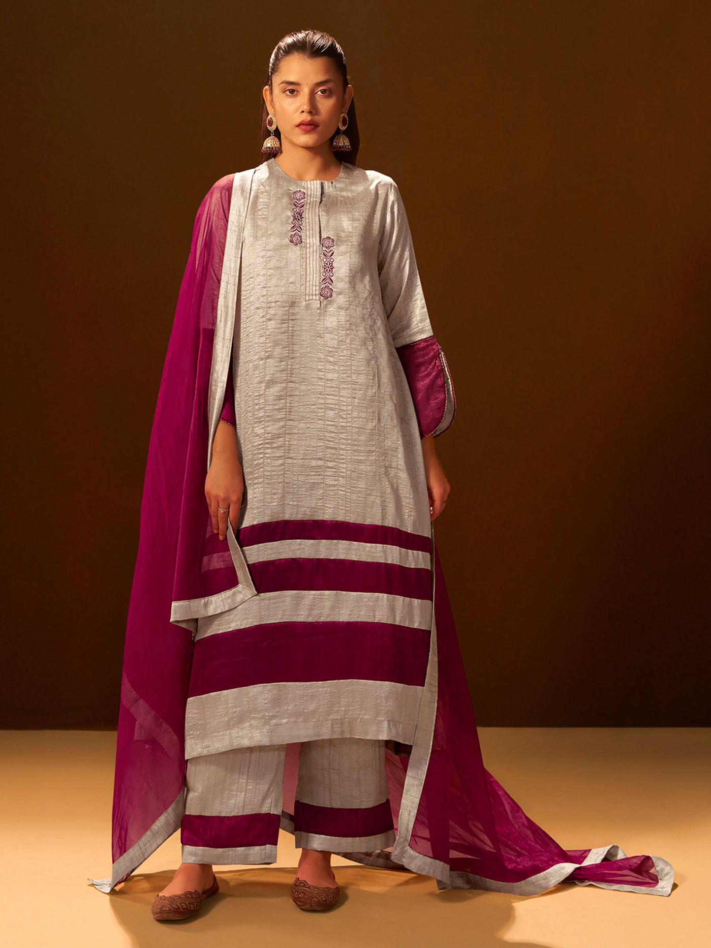 Regal Beige & Maroon Embroidered Silk Kurta Set