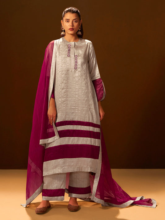 Regal Beige & Maroon Embroidered Silk Kurta Set