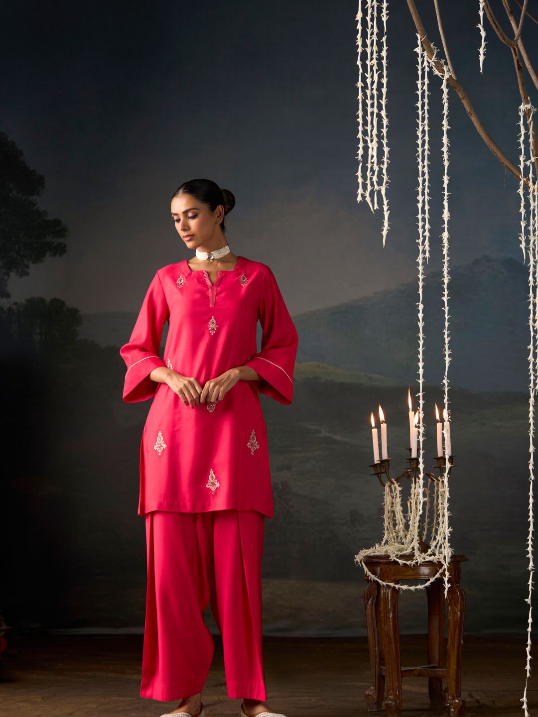Cerise Embroidered Kurta Set