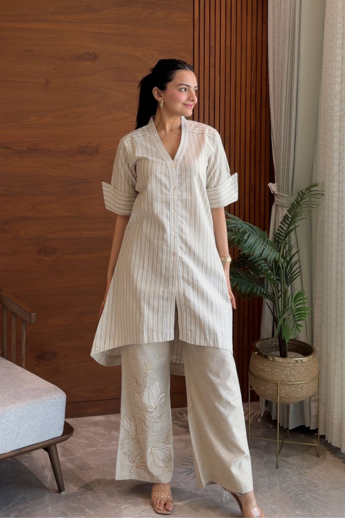 Striped Beige Embroidered Kurta Set