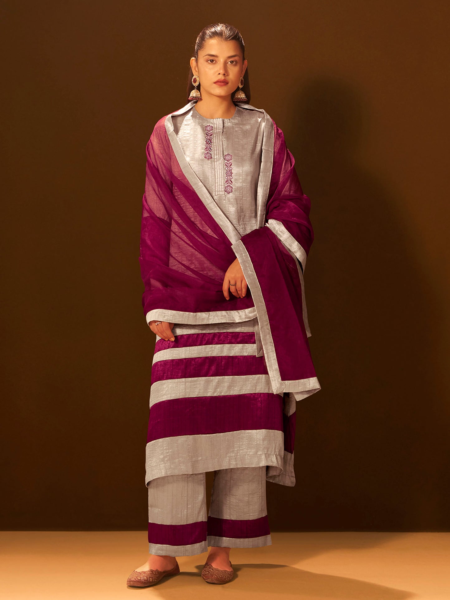Regal Beige & Maroon Embroidered Silk Kurta Set
