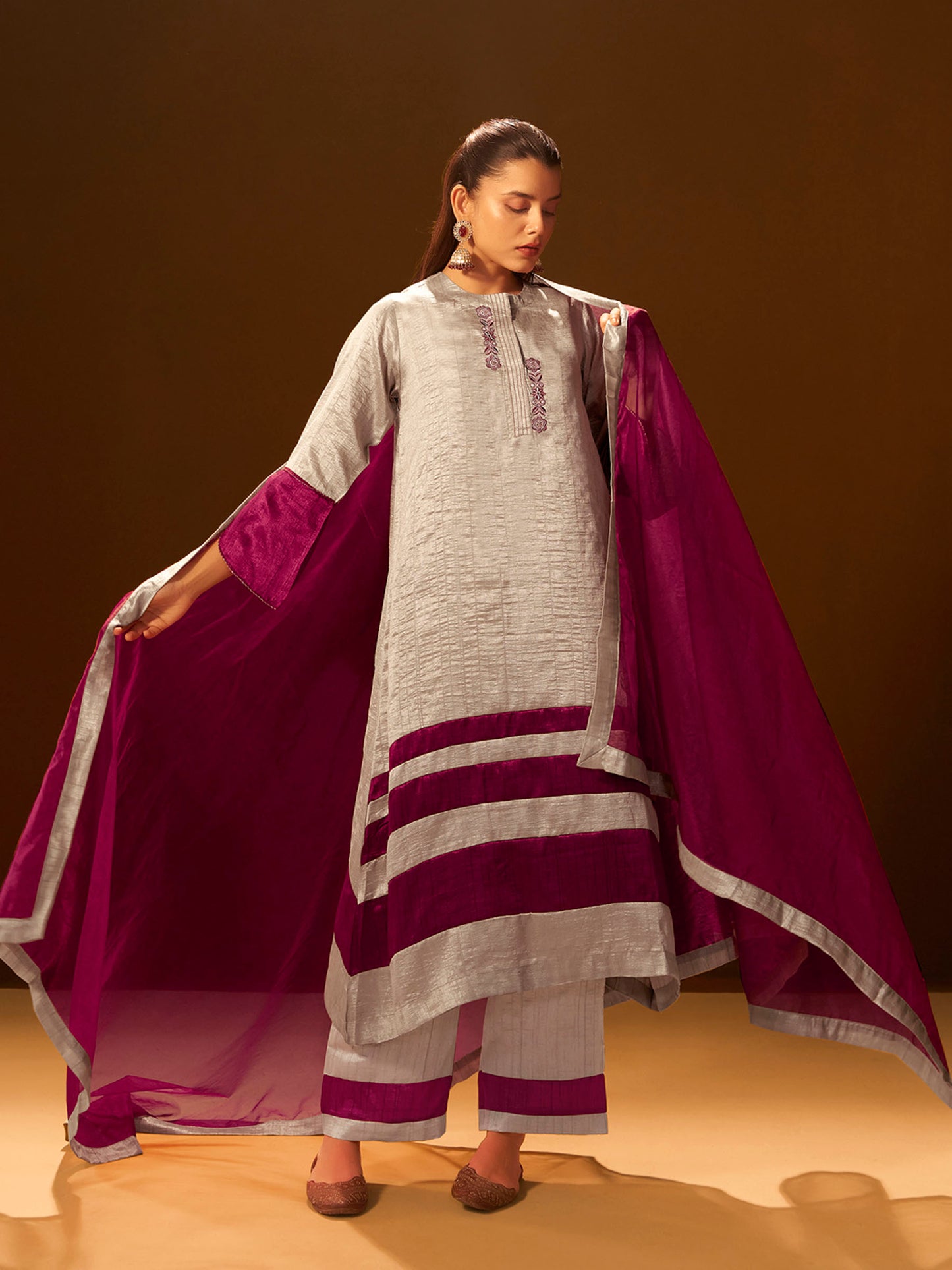 Regal Beige & Maroon Embroidered Silk Kurta Set