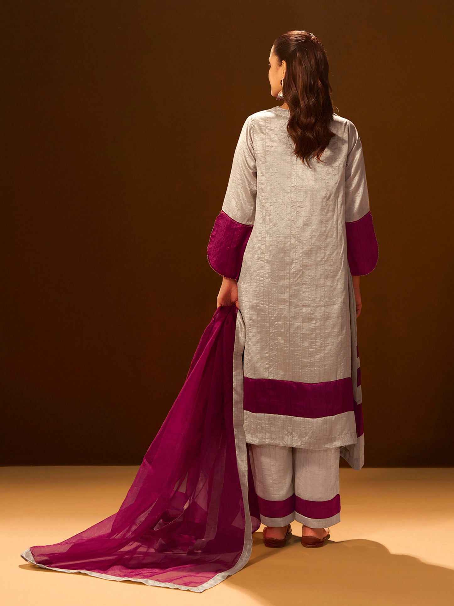 Regal Beige & Maroon Embroidered Silk Kurta Set