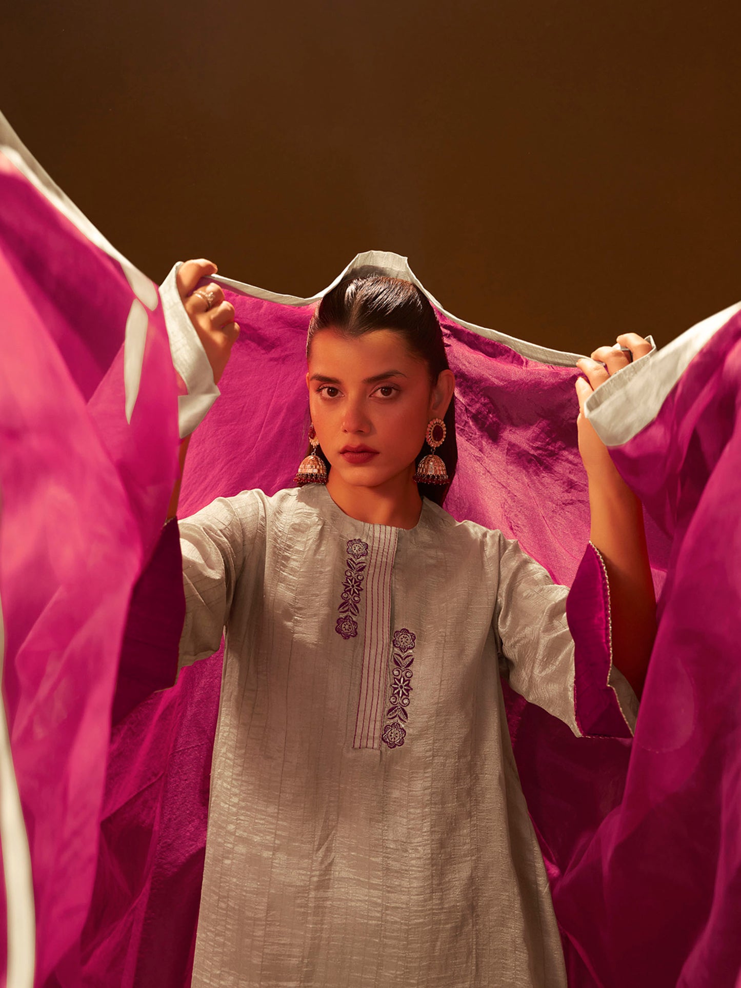 Regal Beige & Maroon Embroidered Silk Kurta Set