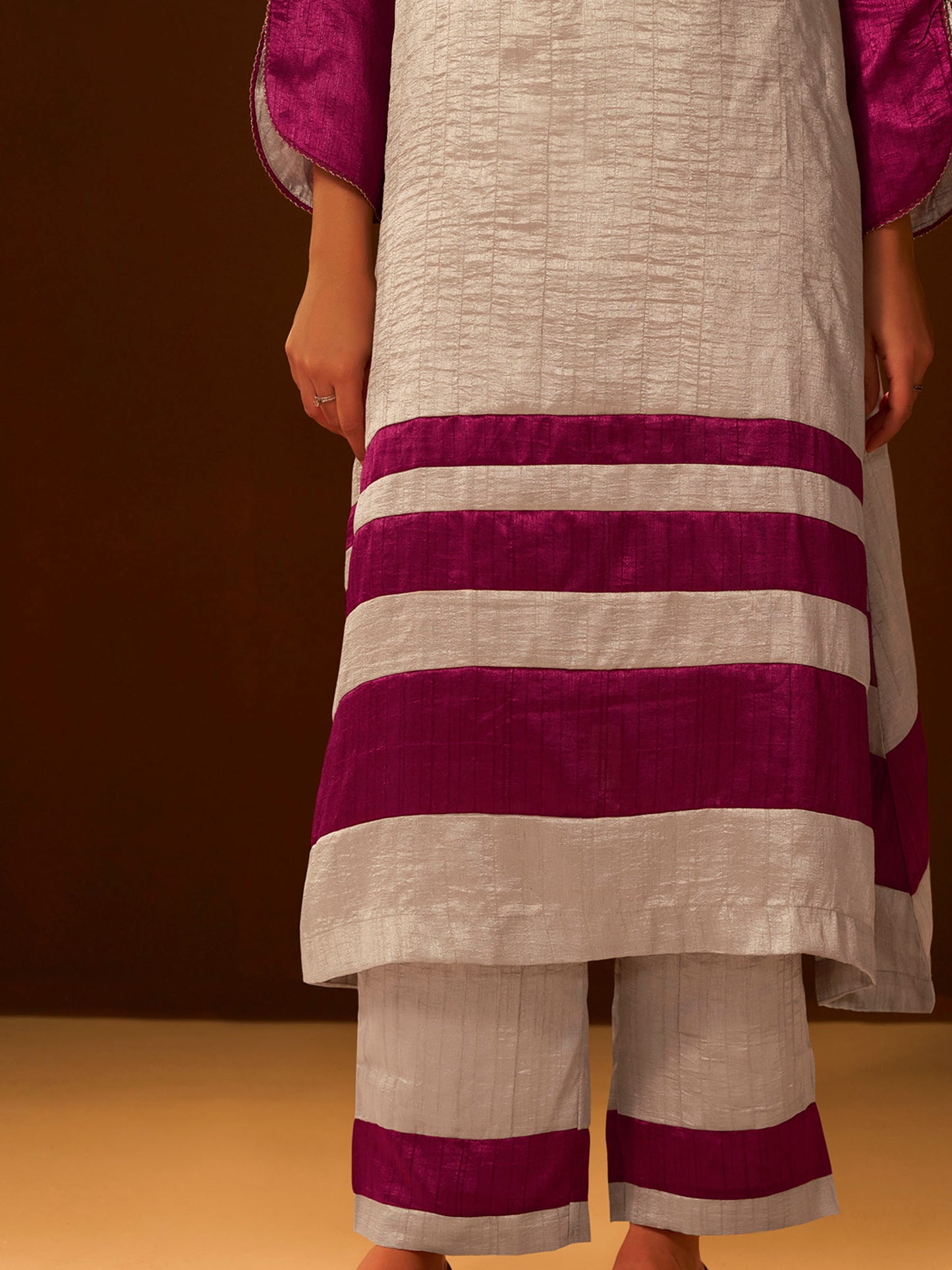 Regal Beige & Maroon Embroidered Silk Kurta Set