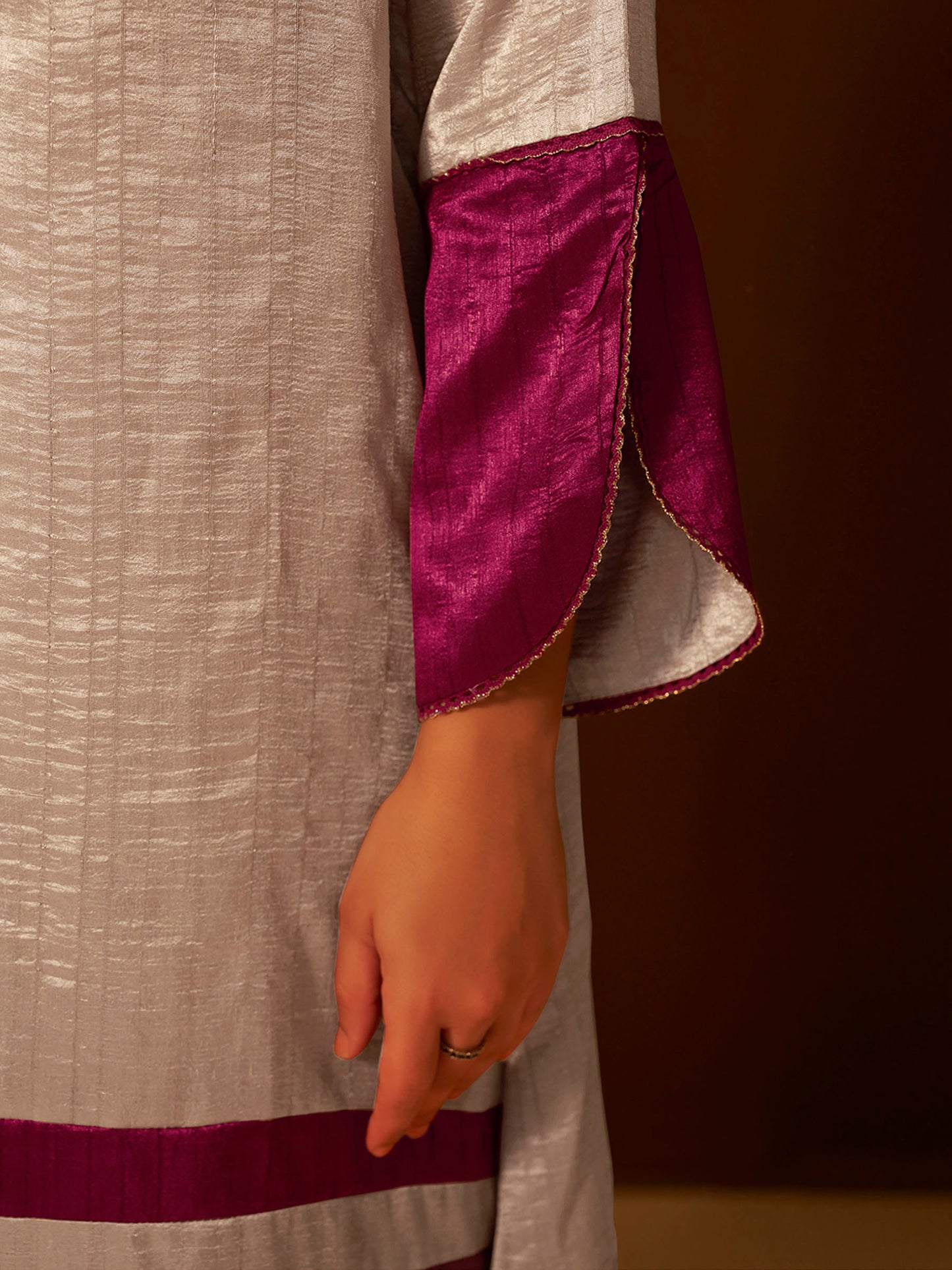 Regal Beige & Maroon Embroidered Silk Kurta Set