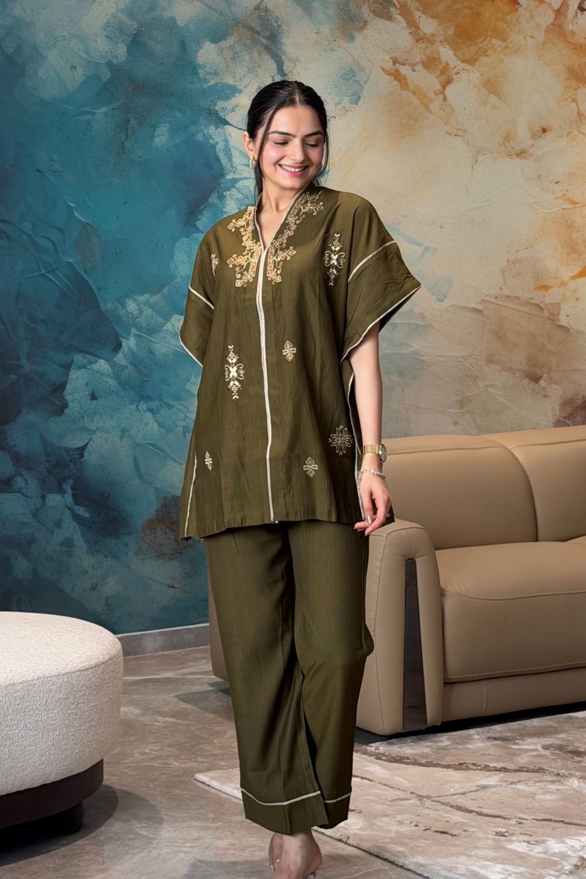 Olive Embroidered Co-ord Set