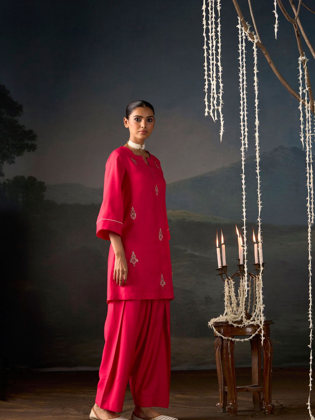 Cerise Embroidered Kurta Set