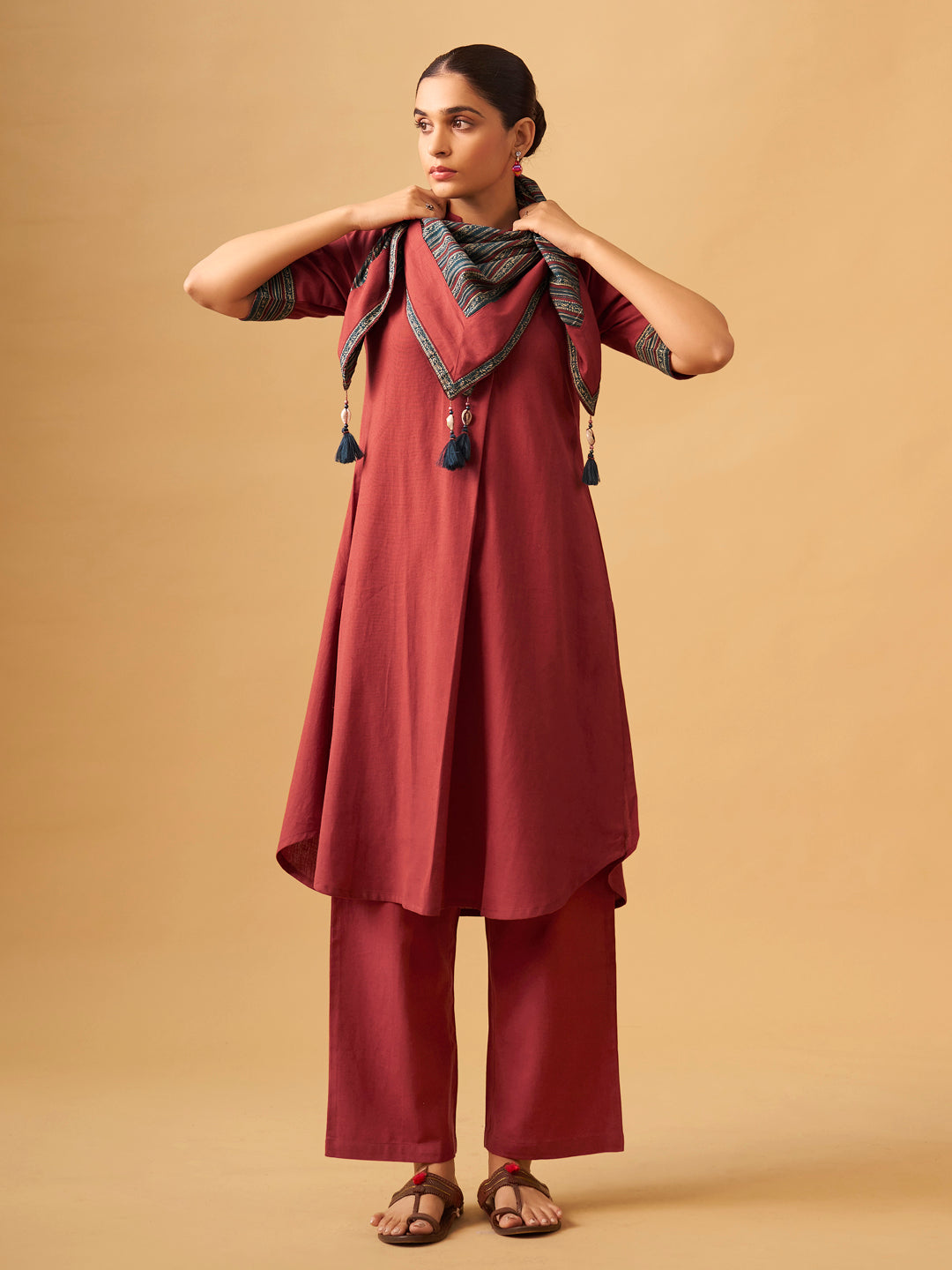 Cotton Kurta Set with Contrast Detailing & Tassel Scarf