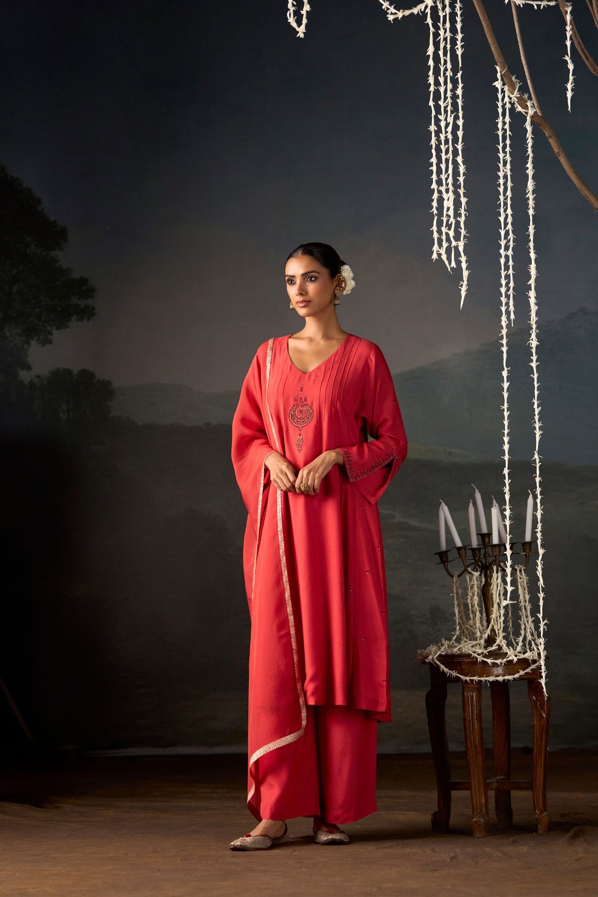 Chandbali Coral Embroidered Anarkali Suit Set with Dupatta