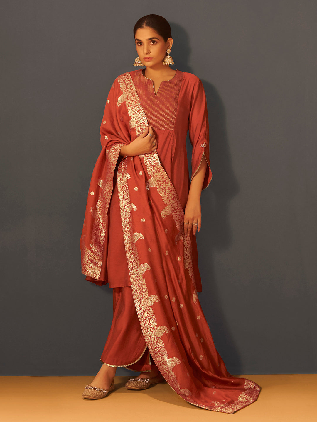 Rust Red Chanderi Silk Suit Set with Banarasi Dupatta